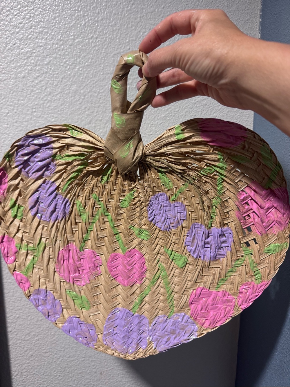 Hand-Painted Heart Straw Fan with Pink & Lavender Flowers
